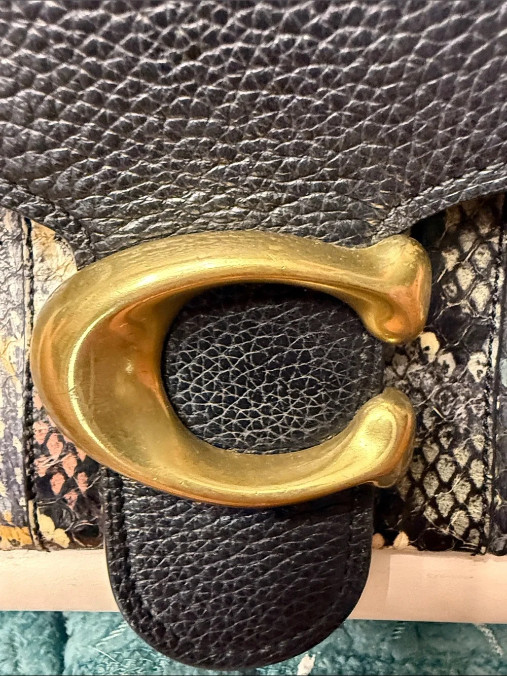 Coach Black, Cream & Multicolor Snakeskin Accent Satchel